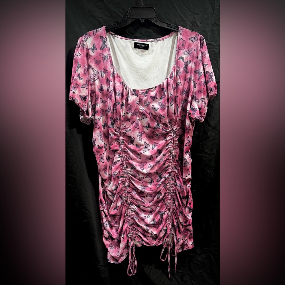 Rebdolls Pink Butterfly Ruched Mini Dress